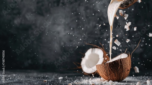  A few coconuts atop a cloth, pouring milk from one photo