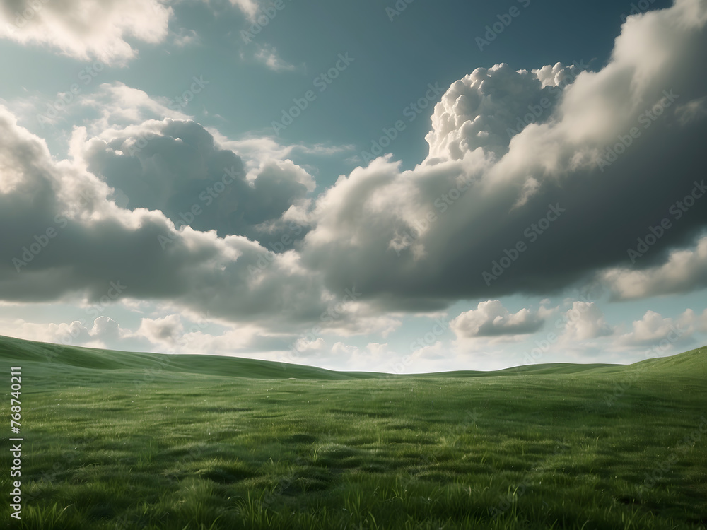 A hovering patch of land covered in lush green grass and exposed soil design, with a flying grassy texture and a vacant field, all depicted in a 3D rendering against a backdrop of clouds