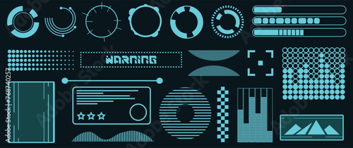 cyberpunk, retro futurism, a bright set of icons, templates, borders, stickers in neon Hi-tech elements and HUD interface. a set of geometric futuristic shapes © Anminsi