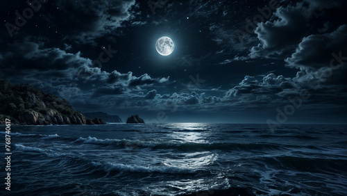 美しい月夜の海　Generative AI © Yumarumi