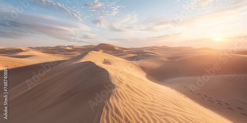 Soft golden sunlight bathes smooth hills of the desert  creating a tranquil and soothing dawn atmosphere