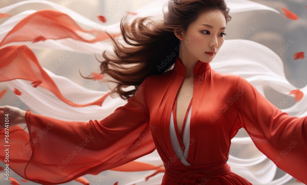 Naklejka premium A woman in a red and white dress is dancing in the rain