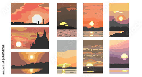 set of sunset background. beach with sun and sea  8 bit 16 bit game retro