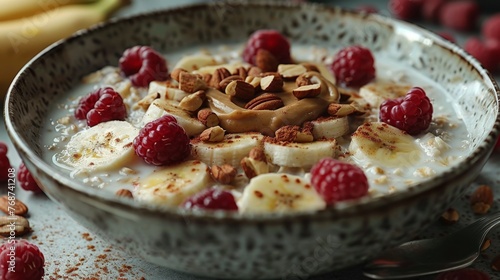  Bowl of oatmeal with bananas, raspberries, nuts & almonds on table