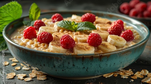  A bowl of oatmeal topped with bananas, raspberries, and mint on a table