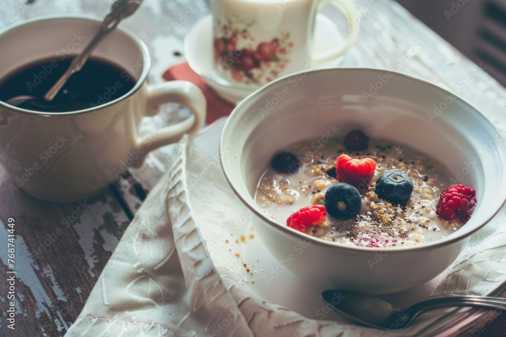 Oatmeal porridge with berries blueberry, raspberry in a bowl and cup of coffee. Healthy English breakfast. Oatmeal porridge with berries blueberry, raspberry in a bowl and cup of coffee. Healthy English breakfast.