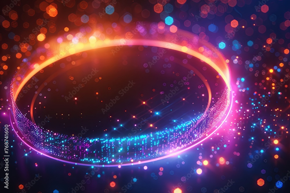 Obraz premium Abstract futuristic background with colorful glowing circular rings on dark blue backdrop. Generative AI