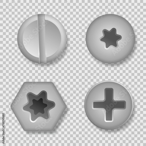 Set of metal screw heads isolated on white background. Collection of various bolt heads, screws, nails, rivets. View from above. Decorative elements for your design