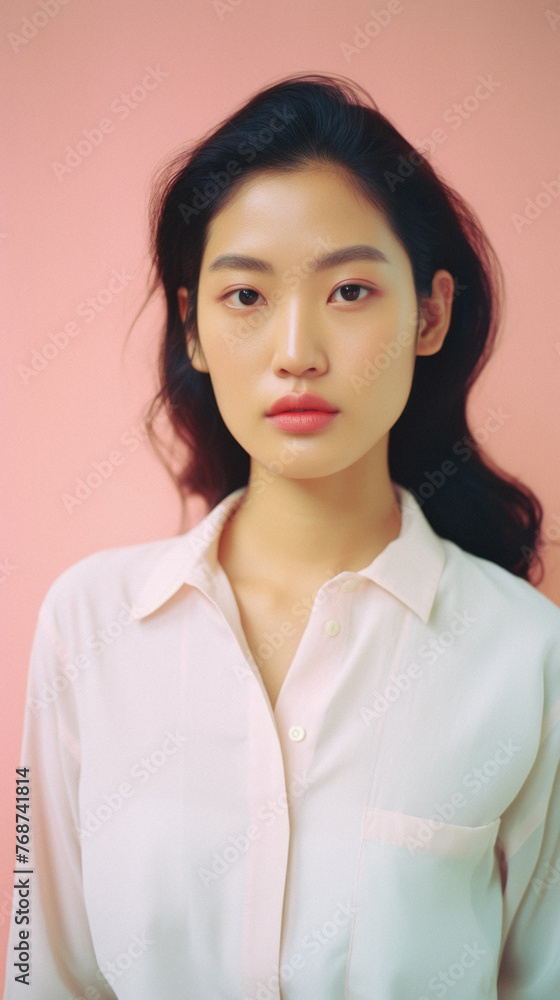 Portrait of a beautiful asian woman in white shirt on pink background Portrait of a beautiful asian woman in white shirt on pink background