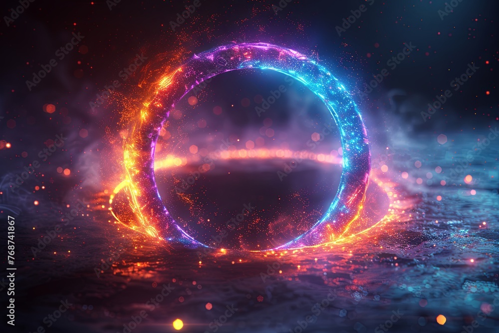 Abstract futuristic background with colorful glowing circular rings on dark blue backdrop. Generative AI