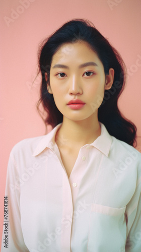 Portrait of a beautiful asian woman in white shirt on pink background