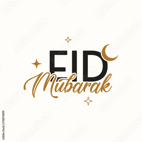 Eid mubarak typography greeting card, cover, poster and banner with moon and crescent. Vector illustration