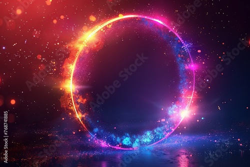 Abstract futuristic background with colorful glowing ring in dark blue color, technology concept design template for banner poster and web site element. Generative AI