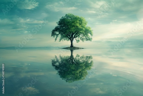 a tree on a small island in water
