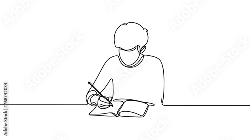 Man writes something on a thick notebook or book. One continuous line drawing of a man write, an invitation to someone close, he is happy and grateful.
