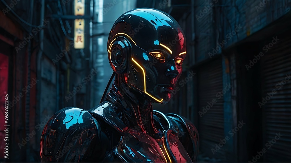 In a dimly lit alleyway, a mesmerizing android stands tall, its metallic exterior gleaming under neon lights. The photograph captures the android's sleek, futuristic design in stunning detail. Its glo
