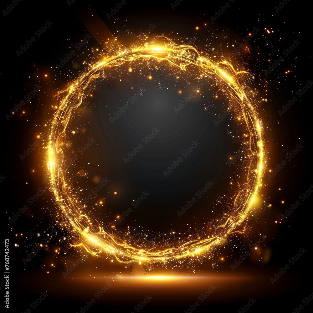 Abstract golden circle frame with a light effect on a black background illustration design element, a glowing ring shape line art effect decoration for luxury business and premium concepts. Generative Abstract golden circle frame with a light effect on a black background illustration design element, a glowing ring shape line art effect decoration for luxury business and premium concepts. Generative