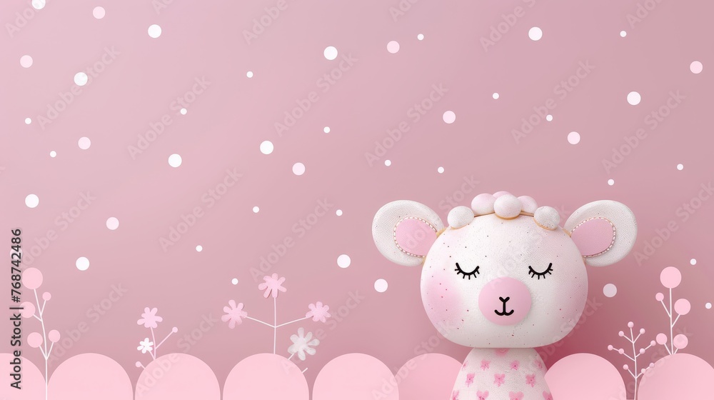  White sheep on pink background, Pink background with white flowers and snowflakes, White snowflakes on pink background, Snowflakes on pink background