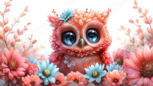  A depiction of an owl with oversized azure eyes amidst a field of white and pink daisies and blue and pink blossoms