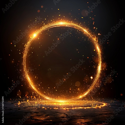 Abstract golden circle frame with a light effect on a black background illustration design element, a glowing ring shape line art effect decoration for luxury business and premium concepts. Generative