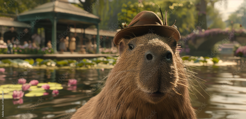 Fototapeta premium A photo of a capybara donning a hat, perched in front of a lush pond with pad-covered surface