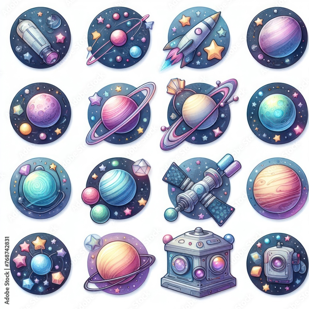 Set of space round icons in watercolor style. Planet, stars, space objects.