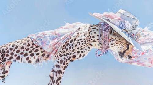  A giraffe wearing a hat on its head and a scarf wrapped around its neck