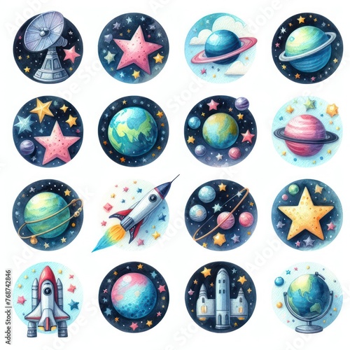 Set of space round icons in watercolor style. Planet, stars, space objects.