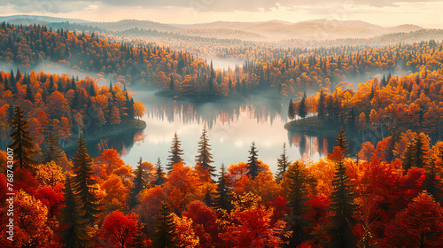 Lakeside Autumn Reverie: Serene Waters Reflect the Fiery Hues of Fall, a Peaceful Solitude