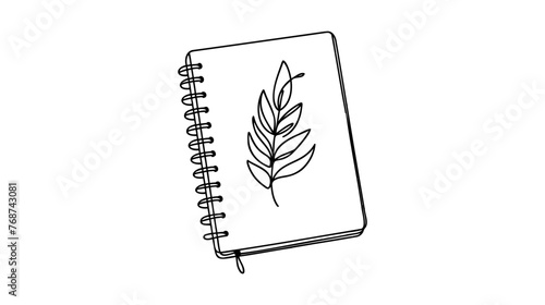 Single continuous line drawing of notebook with plant or notepad with a pencil above work desk. Writing business draft on office notes concept. Trendy one line draw design vector graphic illustration.