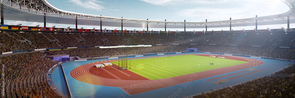 Obraz premium 3D render of sport arena, open air stadium with tribune filled with fans. Day time game event. Aerial view. Concept of sport, competition, live match, tournament