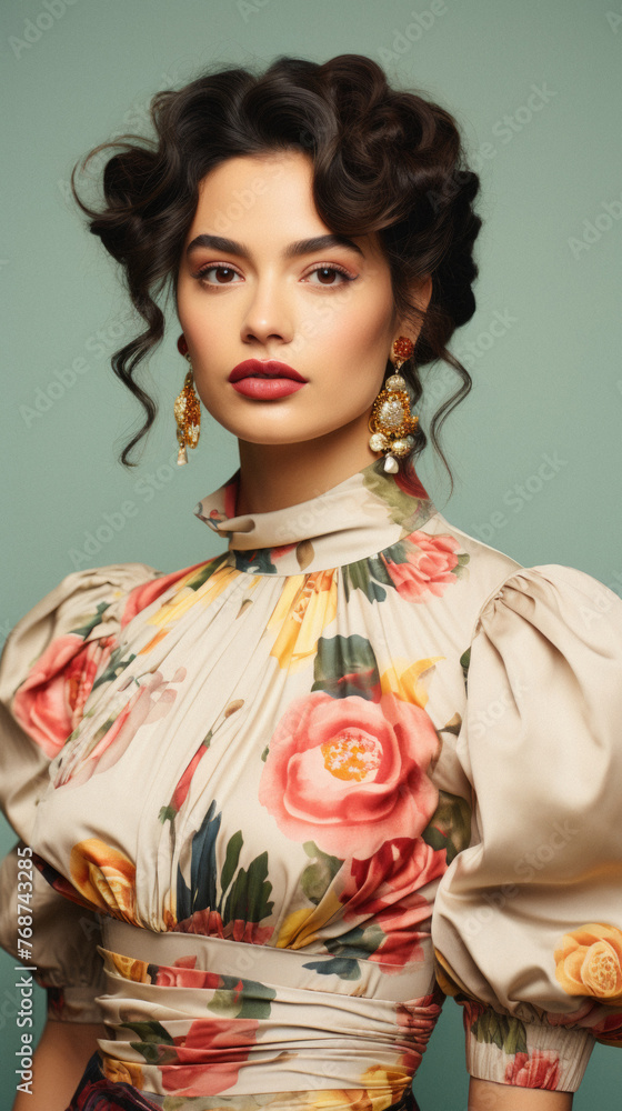 Fashion gorgeous woman with dark hair in elegant dress and accessories posing Fashion gorgeous woman with dark hair in elegant dress and accessories posing