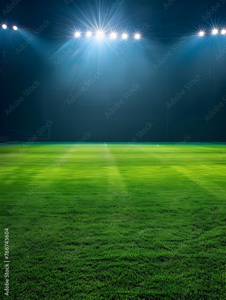 Floodlit Football Stadium Arena for Championship Match Competition on Lush Green Grass Field