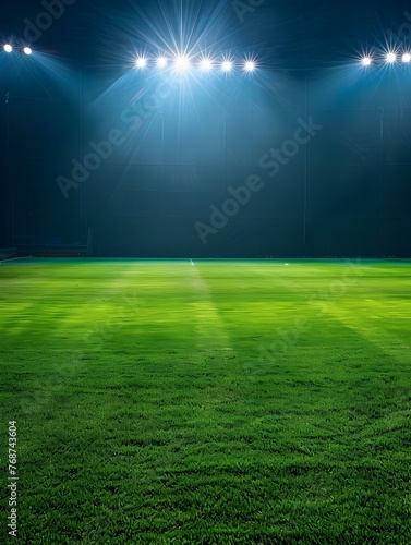 Floodlit Football Stadium Arena for Championship Match Competition on Lush Green Grass Field © Mickey