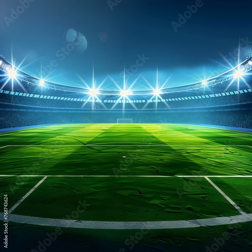 Floodlit Football Stadium Arena for Championship Match with Lush Green Grass Playing Field and Bright Lighting