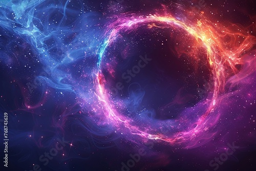 Abstract background with glowing neon blue and purple circle frame on black background. Magic light effect  energy flow or portal. Design element for poster  cover design  banner  card  flyer  present
