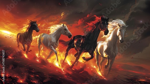 Four Apocalyptic Horses Galloping Through Fiery Landscape of Destruction and Chaos