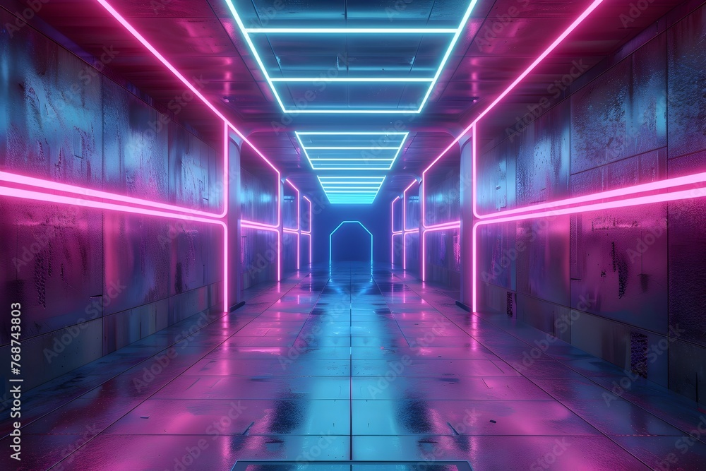 Futuristic Neon Lit Corridor with Vibrant Geometric Lighting Effects