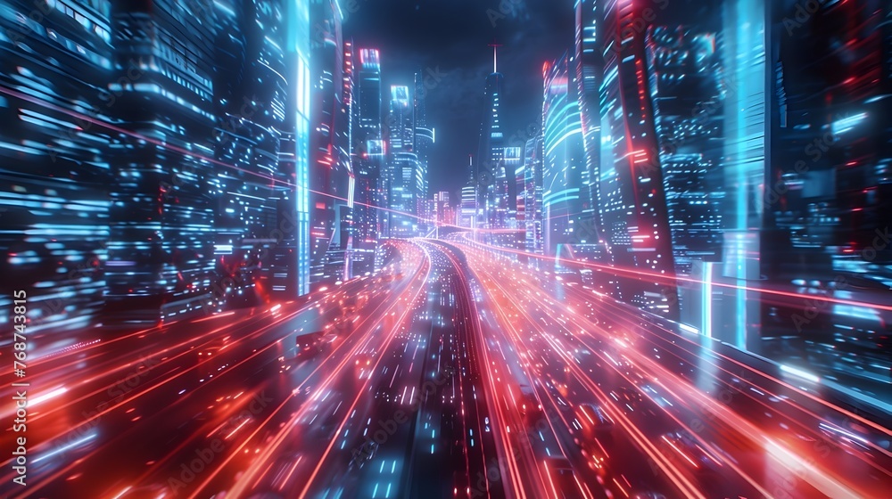 Futuristic Neon-Lit Cityscape with High-Speed Light Trails in Virtual Reality Landscape