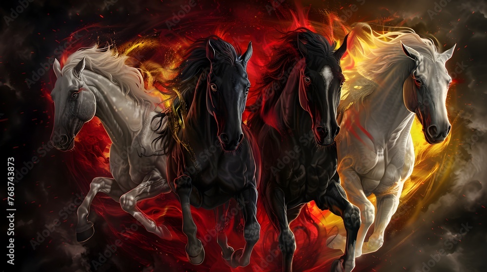 Galloping Steeds of the Apocalyptic Prophecy:Four Horsemen Embodying the Biblical Revelations - obrazy, fototapety, plakaty 