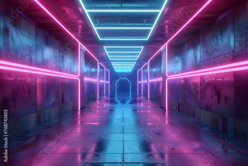 Futuristic Neon Lit Corridor with Vibrant Geometric Lighting Effects