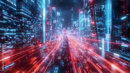Futuristic Neon-Lit Cityscape with High-Speed Light Trails in Virtual Reality Landscape