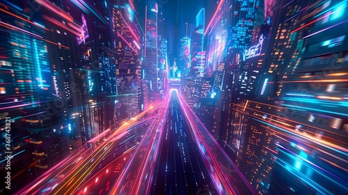Futuristic Neon-Lit Smart City Skyline with High-Speed Light Trails and Virtual Technological Backdrop