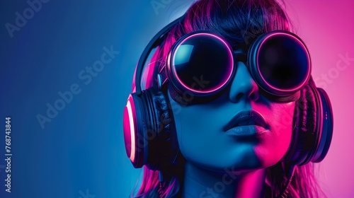 Futuristic Woman with Headphones Listening to Captivating Music in Vibrant Neon Lighting