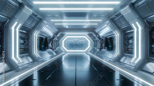 Futuristic Sci-Fi Tunnel with Glowing Architectural Interior and Spaceship Scene in Virtual Reality Studio Mockup