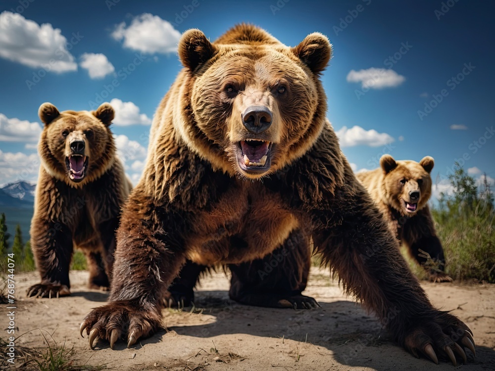 Obraz premium An angry father bear protects his cubs. Child protection concept