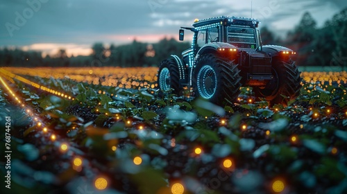 an image depicting AI in agriculture with a hologram of a modern agricultural vehicle. Include ample text copy space for additional information or messaging photo