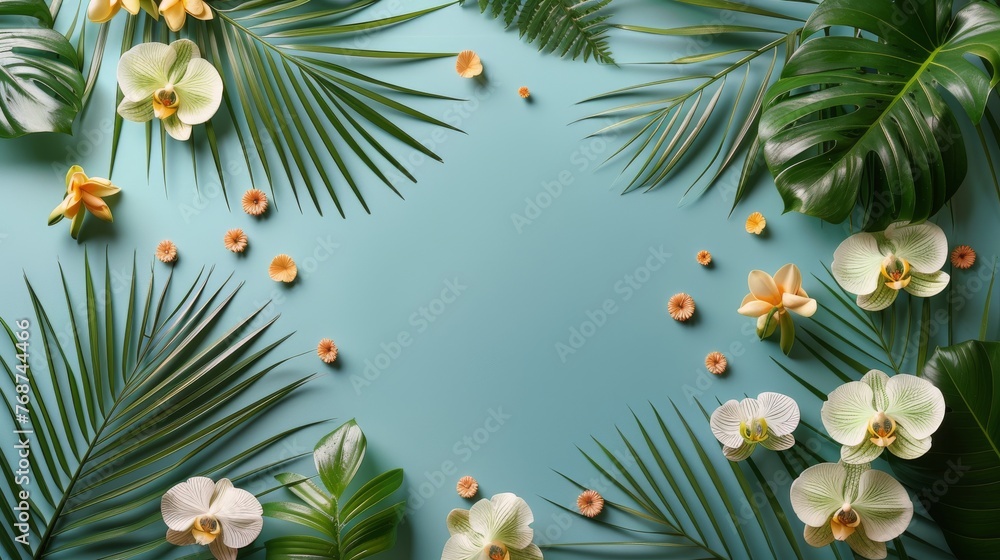 Blue Background With White and Yellow Flowers