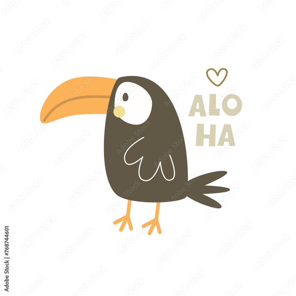 Fototapeta premium aloha. Cartoon toucan, decor elements, watermelon, pineapple, tropical leaves, hand drawing lettering. colorful summer vector illustration, flat style. Doodle phrase. design for print, greeting card, 
