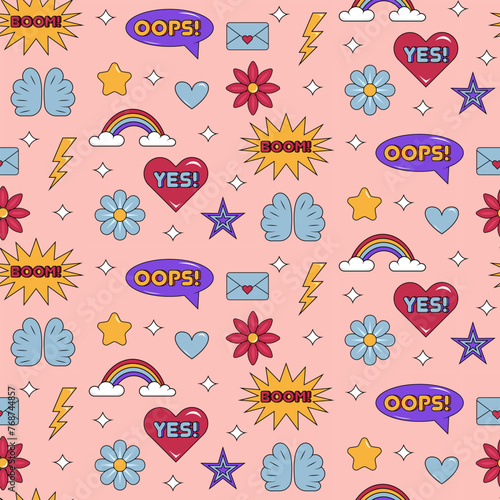 Y2K pattern. Retro seamless pattern with words oops, yes and boom, heart, rainbow, stars, flowers, wings, lighting, envelope. Vector illustration